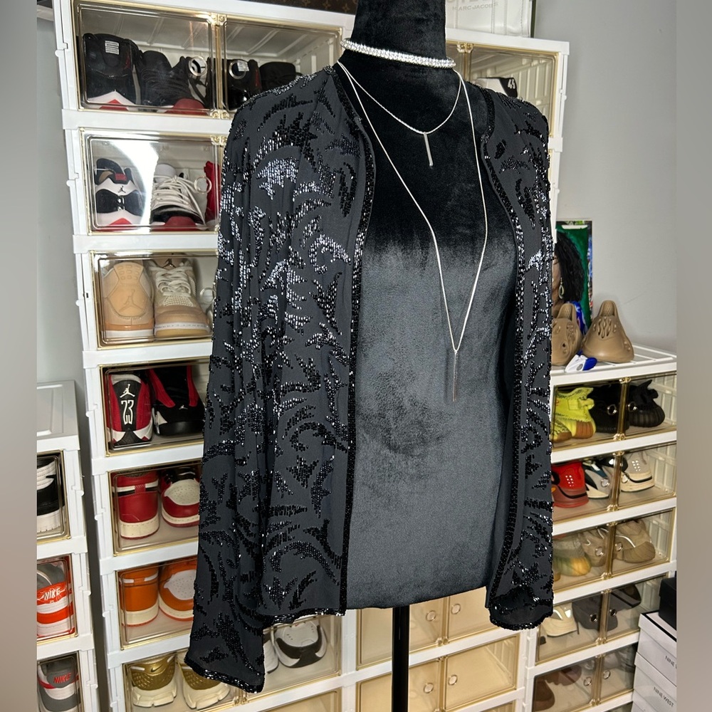 Doncaster‎ Silk Black Beaded vintage cardigan Jacket Size 14 - Picture 3 of 11